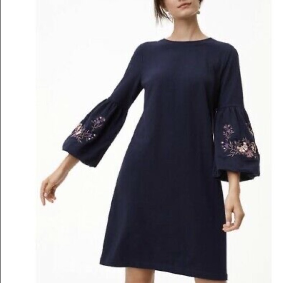 LOFT Puff Sleeve Navy Dress - Picture 1 of 5